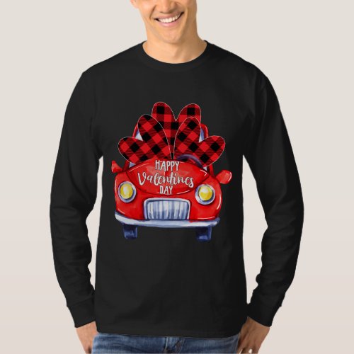 Happy Valentines Day Red Truck Buffalo Plaid Hear T_Shirt