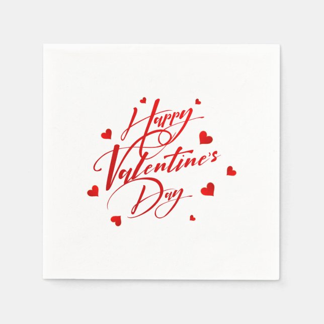 Happy Valentine's Day Red Typography and Hearts Napkins (Front)