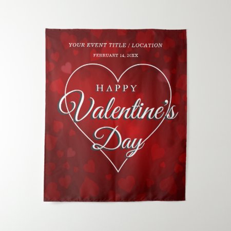 Happy Valentine's Day Romantic Red Hearts Banner Tapestry