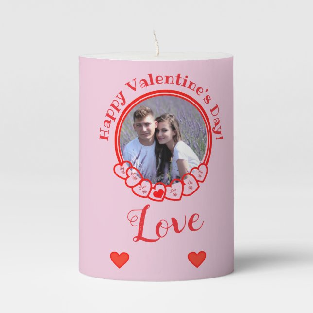 Happy Valentine's Day Romantic Red Hearts Photo  Pillar Candle (Front)