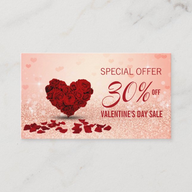 Happy Valentine's Day Rose Heart Bouquet Discount Card (Front)
