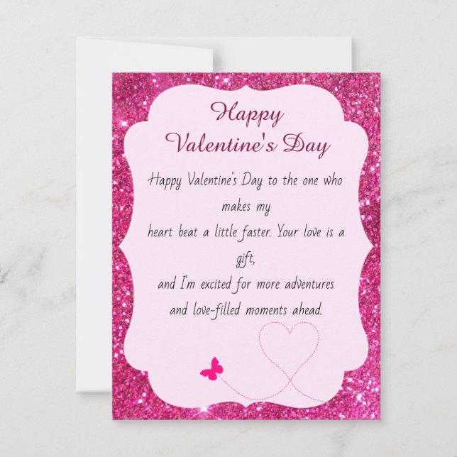 Happy Valentine's Day Rose Pink Blush Glitter Note Card (Front)