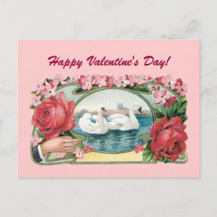 Happy Valentine's Day Roses Swans Postcard