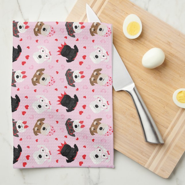 Happy Valentines Day Schnauzer Dogs Kitchen Towel (Quarter Fold)