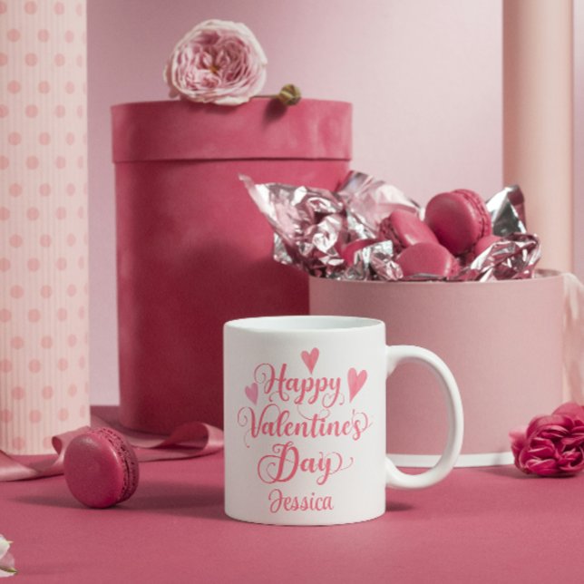 Happy Valentine's Day Script Cute Pink Hearts Coffee Mug (Creator Uploaded)