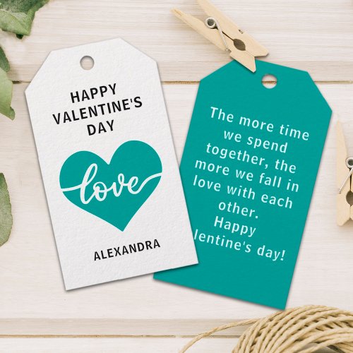 Happy Valentines day sea green simple heart love  Gift Tags