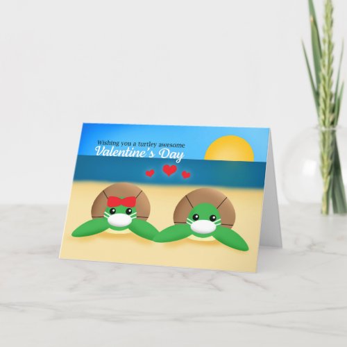 Happy Valentines Day Sea Turtles in Covid Masks Holiday Card