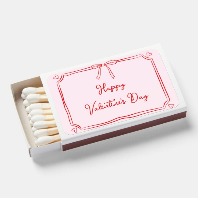 Happy Valentine's Day Simple Girly Bow Pink & Red Matchboxes (Front Open)