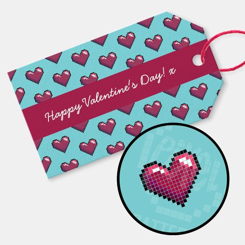 Happy Valentines Day Simple Heart Pixel Pattern Gift Tags