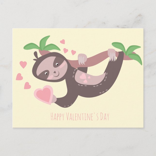 Happy Valentine's Day Sloth Hearts Illustration Postcard (Front)
