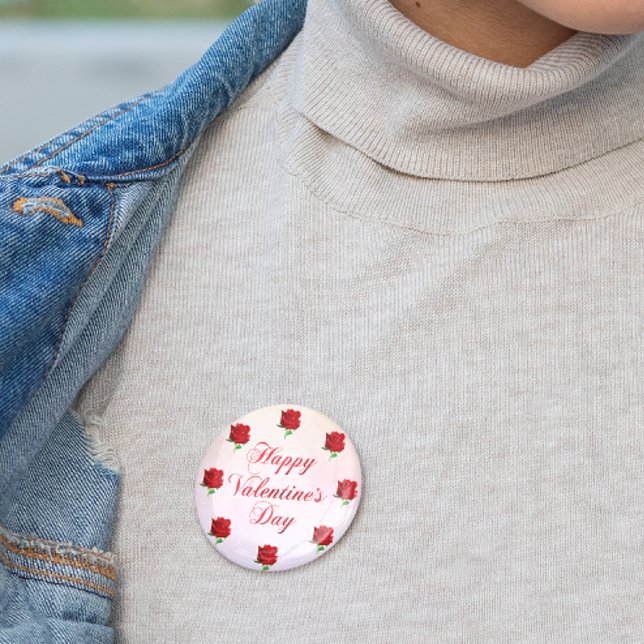 Happy Valentine's Day Soft Pastel Red Roses Party Button (Happy Valentine's Day Soft Pastel Red Roses Party Button)