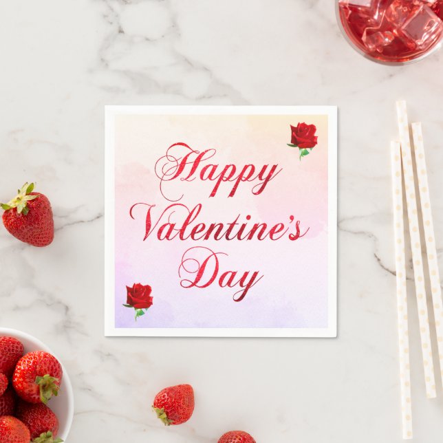 Happy Valentine's Day Soft Pastel Red Roses Party Napkins (Insitu)