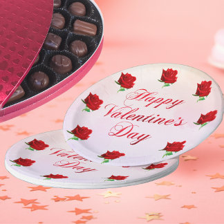 Happy Valentine's Day Soft Pastel Red Roses Party Paper Plates