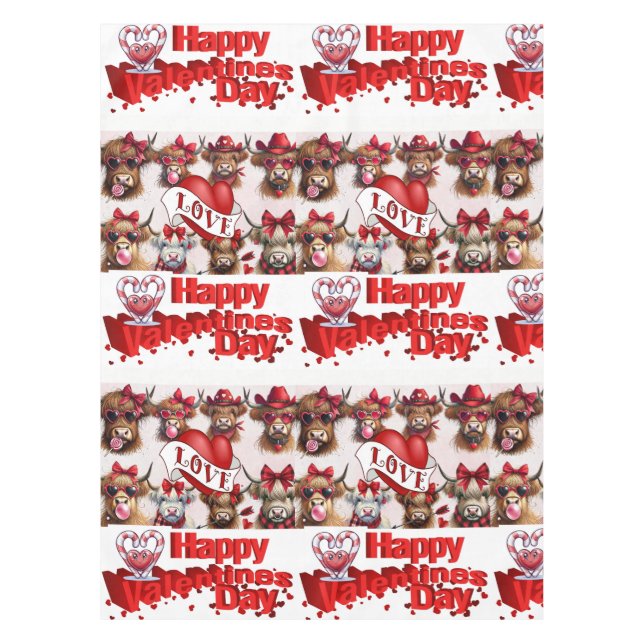 Happy Valentine's Day Tablecloth Cows Red Hearts  (Front)