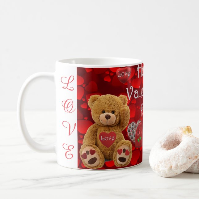 Happy Valentine's Day Teddy Bear Heart Cute Coffee Mug (With Donut)