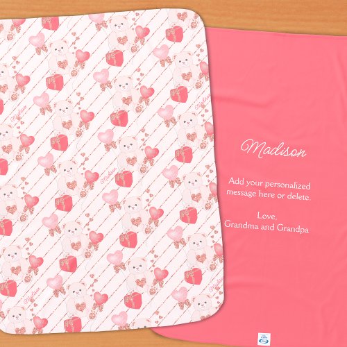 Happy Valentines Day Teddy Bear Pattern on Pink Baby Blanket