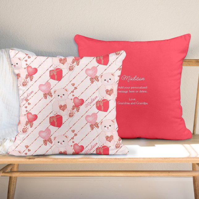 Happy Valentine's Day Teddy Bear Pattern with Text Throw Pillow (Creator Uploaded)