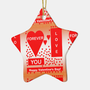 Happy Valentine's Day Text Forever Love Hearts Red Ceramic Ornament