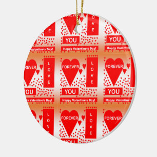 Happy Valentine's Day Text Forever Love Hearts Red Ceramic Ornament