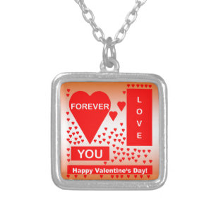 Happy Valentine's Day Text Forever Love Hearts Red Silver Plated Necklace