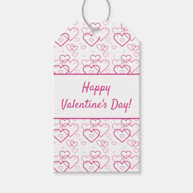 Happy Valentine's Day Text & Pink Hearts Pattern Gift Tags (Front)