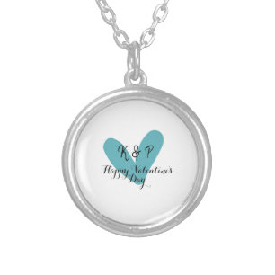 Happy Valentine's day turquoise heart name letter Silver Plated Necklace