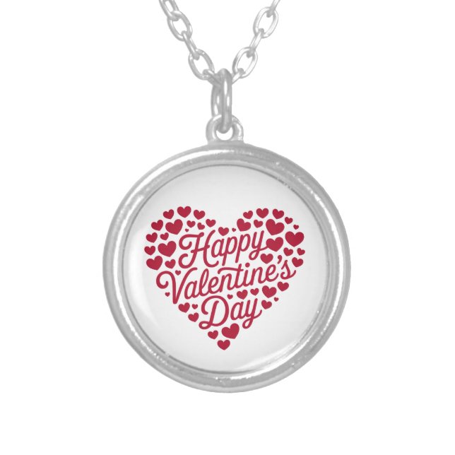 Happy Valentines Day Valentine Love Heart Silver Plated Necklace (Front)