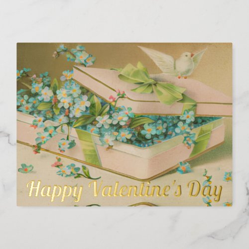 Happy Valentines Day Vintage Floral Ribbons Dove Foil Holiday Postcard