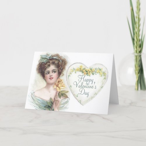 Happy Valentines Day Vintage Lady Rose Heart Holi Holiday Card