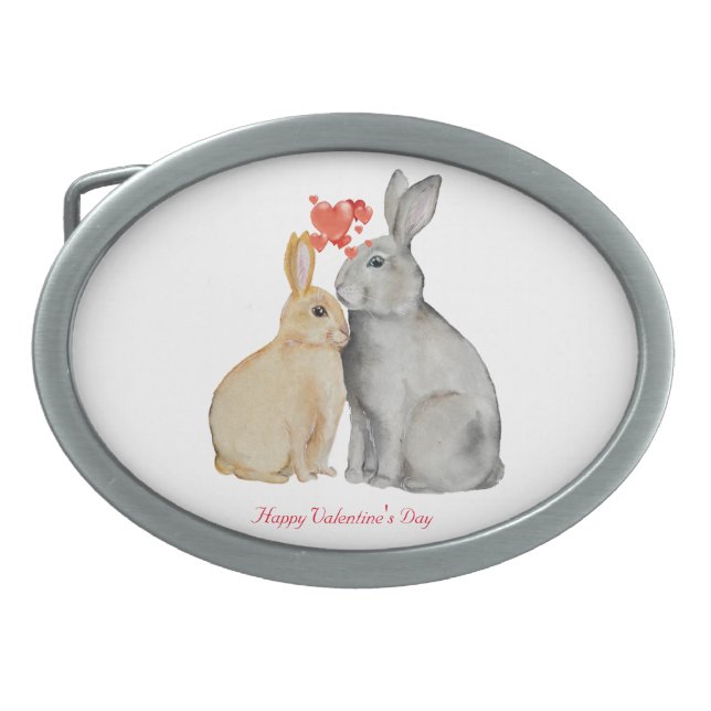 Happy Valentine's Day watercolor bunnies Belt Buckle (Front)