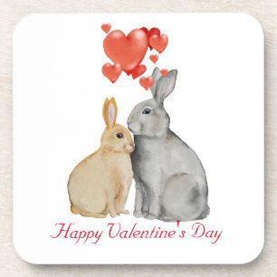 Happy Valentine's Day watercolor bunnies Beverage Coaster
