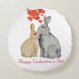 Happy Valentine's Day watercolor bunnies Round Pillow