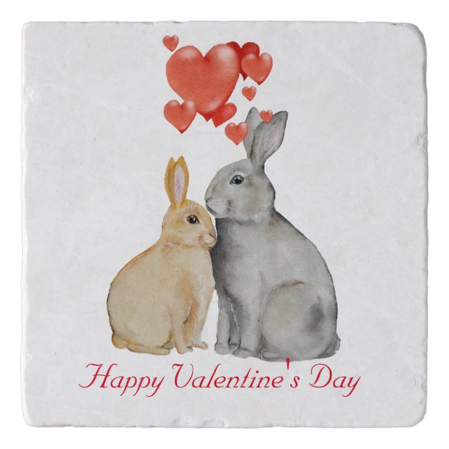 Happy Valentine's Day watercolor bunnies Trivet (Front)