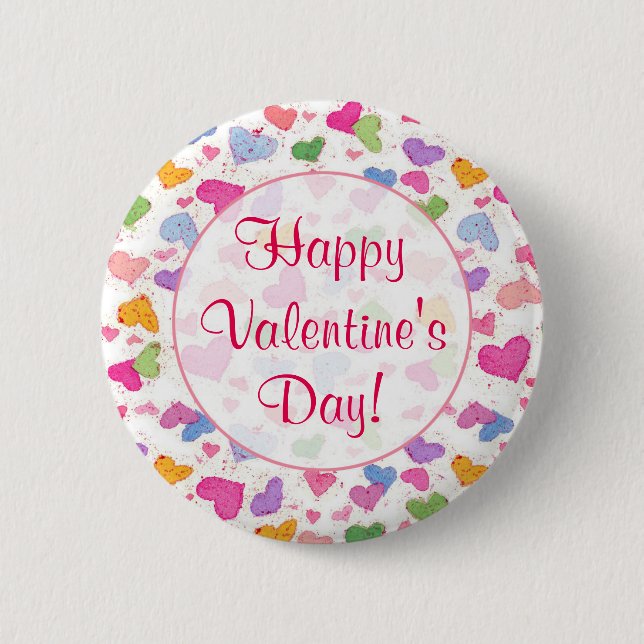 Happy Valentine's Day Watercolor Pastel Hearts Pinback Button (Front)