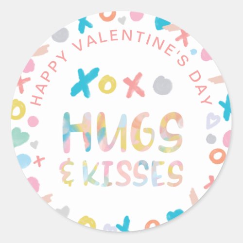Happy Valentines Day Watercolor XOX Hugs  Kisses Classic Round Sticker