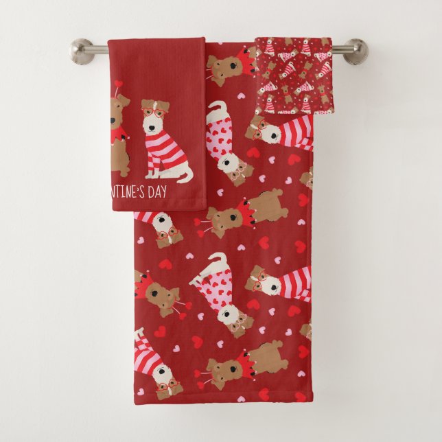 Happy Valentines Day Welsh Wire Fox Terrier Dogs Bath Towel Set (Insitu)