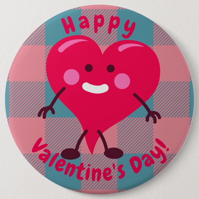 Happy Valentine's Day | Whimsical Heart Character Pinback Button (Front)