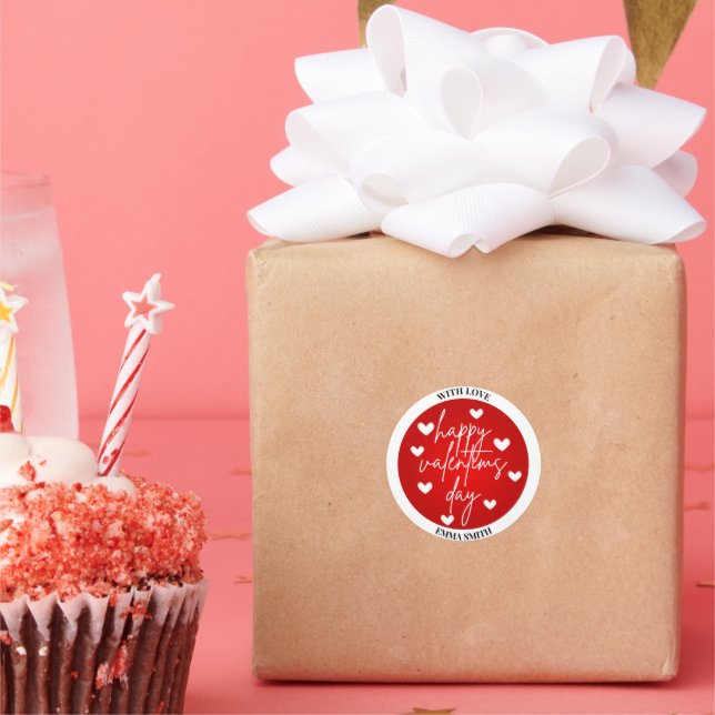 Happy Valentine's Day Whit white hearts Classic Round Sticker (Party)