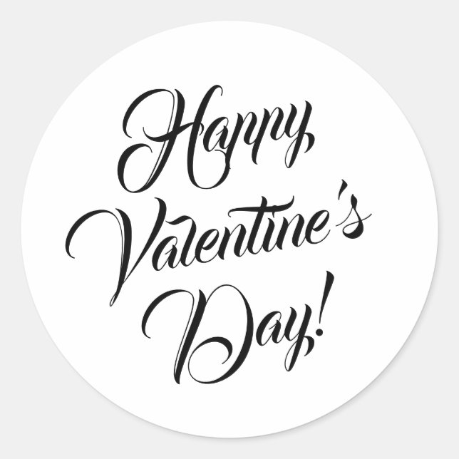 Happy Valentine's Day white black elegant script Classic Round Sticker (Front)