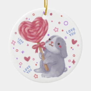 Happy Valentine's Day with Bunny & Lollipop Ceramic Ornament