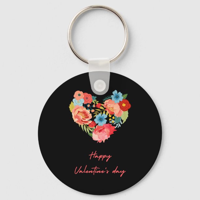 Happy Valentine's Day With Flowers Colorful     Keychain (Front)