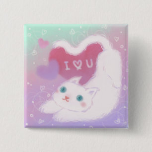 Happy Valentine's Day with Fluffy White Cat Button