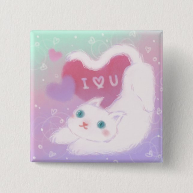 Happy Valentine's Day with Fluffy White Cat Button (Front)