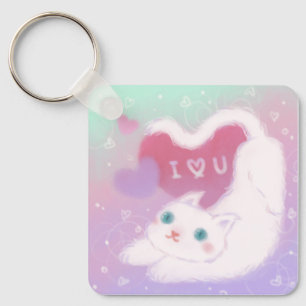 Happy Valentine's Day with Fluffy White Cat Keychain