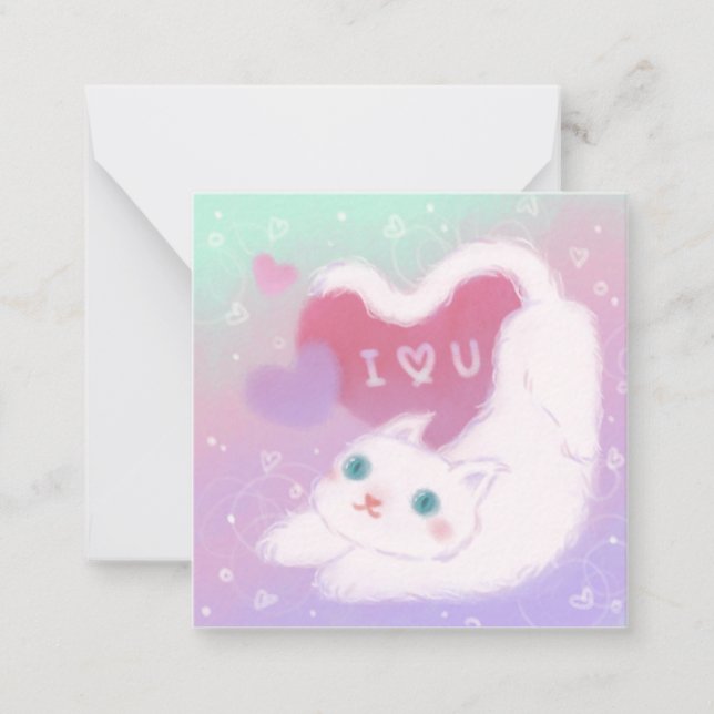 Happy Valentine's Day with Fluffy White Cat Note Card (Front)