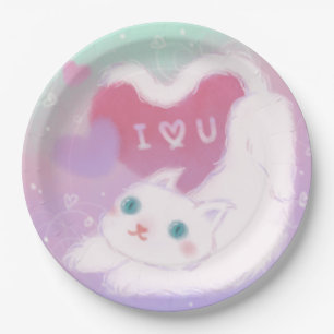 Happy Valentine's Day with Fluffy White Cat Paper Plates