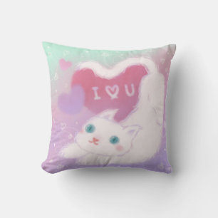 Happy Valentine's Day with Fluffy White Cat Throw Pillow