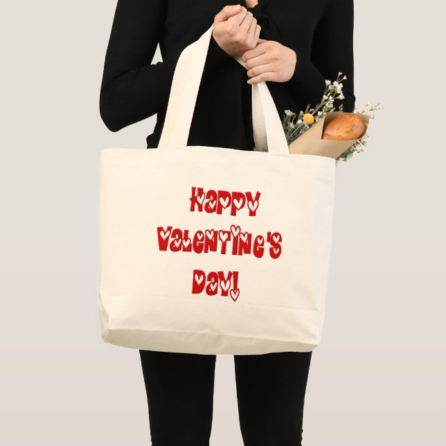 Happy Valentine's Day with Hearts Large Tote Bag (Front (Product))
