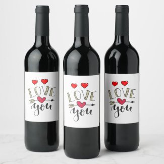 Happy Valentine's Day with love red hearts    Wine Label