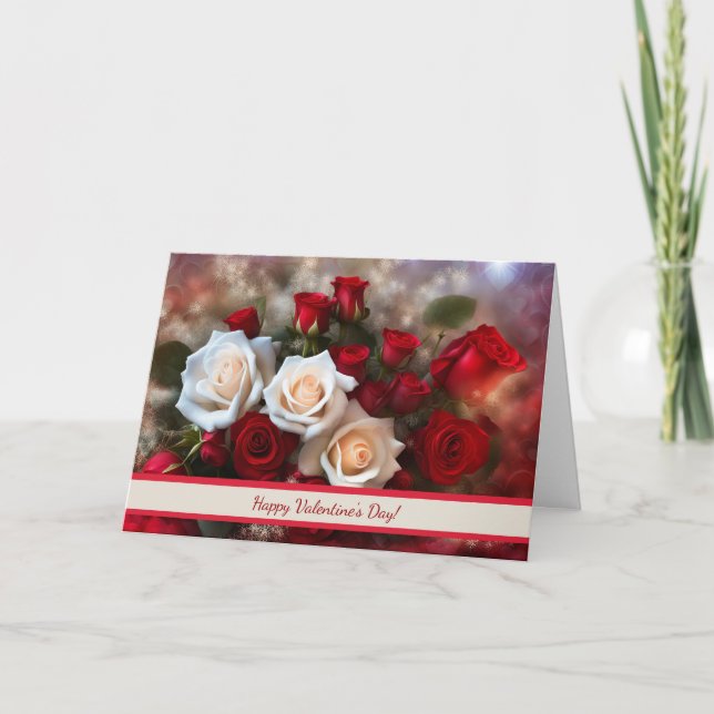 Happy Valentines Day with Pretty White Red Roses Card (Front)